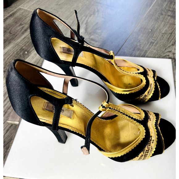Prada Strappy Sandals black satin gold python heels 40.5 10.5 - Picture 4 of 11